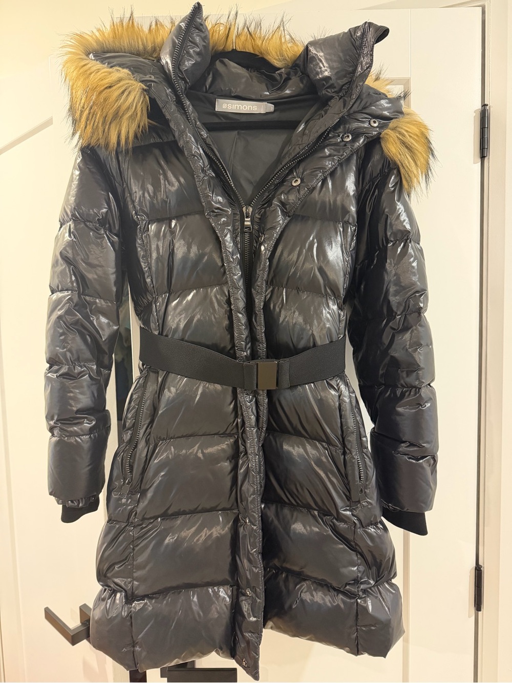 Simons Shiny Black Quilted Puffer Coat with Mustard Faux Fur Hood